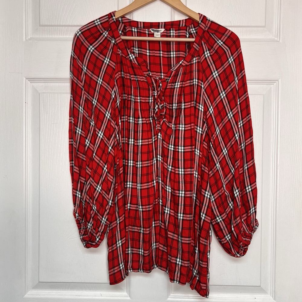 EST 1946 Womens 18/20W Red Plaid Rayon Flannel Blouse Lightweight Holiday Casual